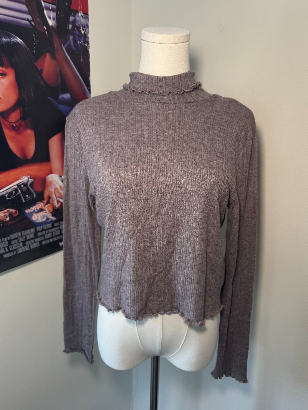 Madewell Lettuce-Edge Light Brown/Tan Long Sleeeve Mock Neck Top
